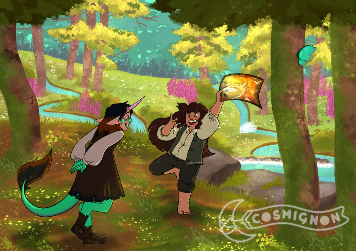 An illustration of two children enthusiastically talking to each other as they walk through a beautiful sunny forest. The girl to the left has beastly features like bright green scales, long pointed ears, a tail, and a unicorn horn. The child to the right